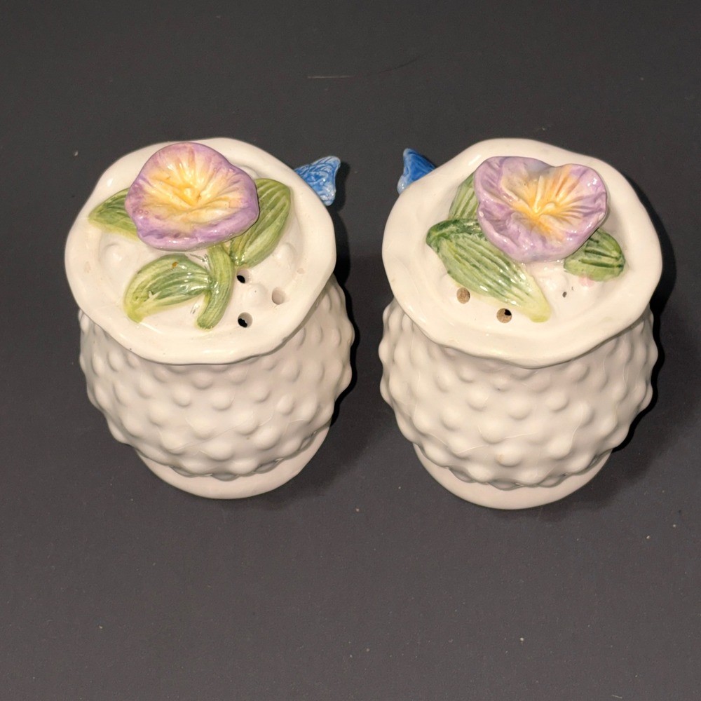 Fitz & Floyd Bluebirds Floral Ceramic Salt Pepper Shaker Set White Hobnail - Picture 9 of 16